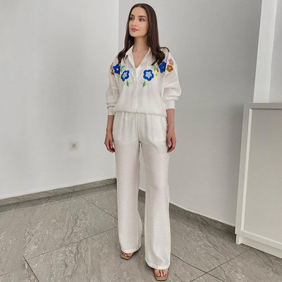 2-osaline naiste komplekt, 2023. aasta suvine sügisene pikkade varrukatega särgipluus ja püksid, ülikonnad, rõivad, mood, naiskond, sobilikud komplektid.