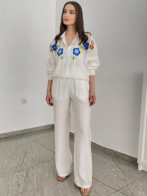 2-osaline naiste komplekt, 2023. aasta suvine sügisene pikkade varrukatega särgipluus ja püksid, ülikonnad, rõivad, mood, naiskond, sobilikud komplektid.