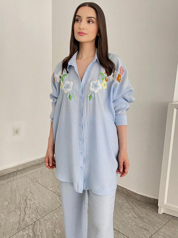 2-osaline naiste komplekt, 2023. aasta suvine sügisene pikkade varrukatega särgipluus ja püksid, ülikonnad, rõivad, mood, naiskond, sobilikud komplektid.