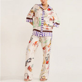 2-osaline lilleprinteriga komplekt Lühikeste varrukatega pluusiga topid ja püksid, ülikonnad, sügisene naiste komplekt, kestaga sobiv moodne riietus