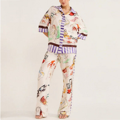 2-osaline lilleprinteriga komplekt Lühikeste varrukatega pluusiga topid ja püksid, ülikonnad, sügisene naiste komplekt, kestaga sobiv moodne riietus