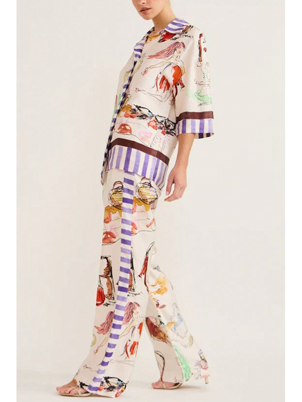 2-osaline lilleprinteriga komplekt Lühikeste varrukatega pluusiga topid ja püksid, ülikonnad, sügisene naiste komplekt, kestaga sobiv moodne riietus