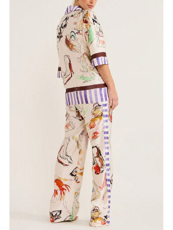 2-osaline lilleprinteriga komplekt Lühikeste varrukatega pluusiga topid ja püksid, ülikonnad, sügisene naiste komplekt, kestaga sobiv moodne riietus