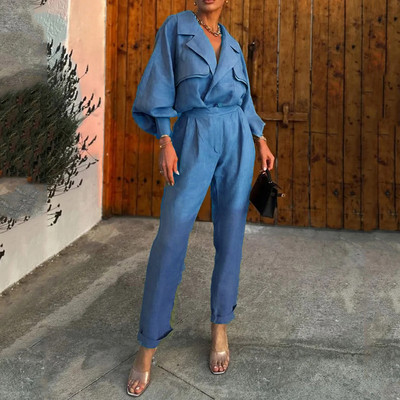 Γυναικείο σετ δύο τεμαχίων Φθινόπωρο, Χειμερινό Γραφείο Μόδα Μασίφ πέτο V λαιμόκοψη Πουκάμισο με μακρυμάνικο φανάρι Top Loose Παντελόνια Σετ Streetwear