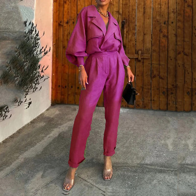 Γυναικείο σετ δύο τεμαχίων Φθινόπωρο, Χειμερινό Γραφείο Μόδα Μασίφ πέτο V λαιμόκοψη Πουκάμισο με μακρυμάνικο φανάρι Top Loose Παντελόνια Σετ Streetwear