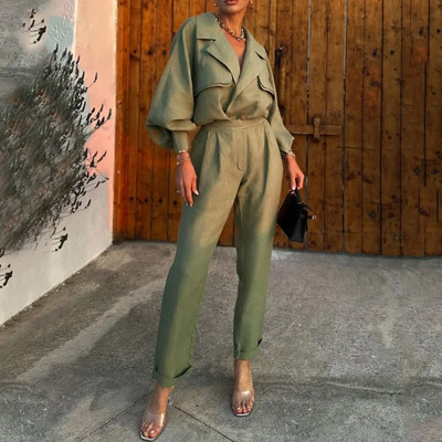 Γυναικείο σετ δύο τεμαχίων Φθινόπωρο, Χειμερινό Γραφείο Μόδα Μασίφ πέτο V λαιμόκοψη Πουκάμισο με μακρυμάνικο φανάρι Top Loose Παντελόνια Σετ Streetwear