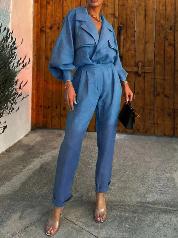 Γυναικείο σετ δύο τεμαχίων Φθινόπωρο, Χειμερινό Γραφείο Μόδα Μασίφ πέτο V λαιμόκοψη Πουκάμισο με μακρυμάνικο φανάρι Top Loose Παντελόνια Σετ Streetwear