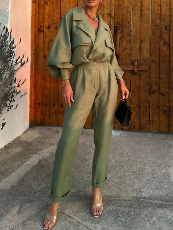 Γυναικείο σετ δύο τεμαχίων Φθινόπωρο, Χειμερινό Γραφείο Μόδα Μασίφ πέτο V λαιμόκοψη Πουκάμισο με μακρυμάνικο φανάρι Top Loose Παντελόνια Σετ Streetwear