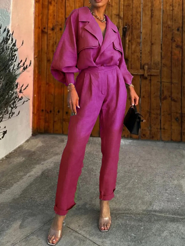 Γυναικείο σετ δύο τεμαχίων Φθινόπωρο, Χειμερινό Γραφείο Μόδα Μασίφ πέτο V λαιμόκοψη Πουκάμισο με μακρυμάνικο φανάρι Top Loose Παντελόνια Σετ Streetwear