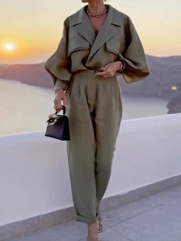 Γυναικείο σετ δύο τεμαχίων Φθινόπωρο, Χειμερινό Γραφείο Μόδα Μασίφ πέτο V λαιμόκοψη Πουκάμισο με μακρυμάνικο φανάρι Top Loose Παντελόνια Σετ Streetwear