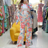 Naiste mustriga avarate pükste komplekt vabaaja üherealine alla keeratav krae pikkade varrukatega T-särgid Empire pitsilised laiad püksid