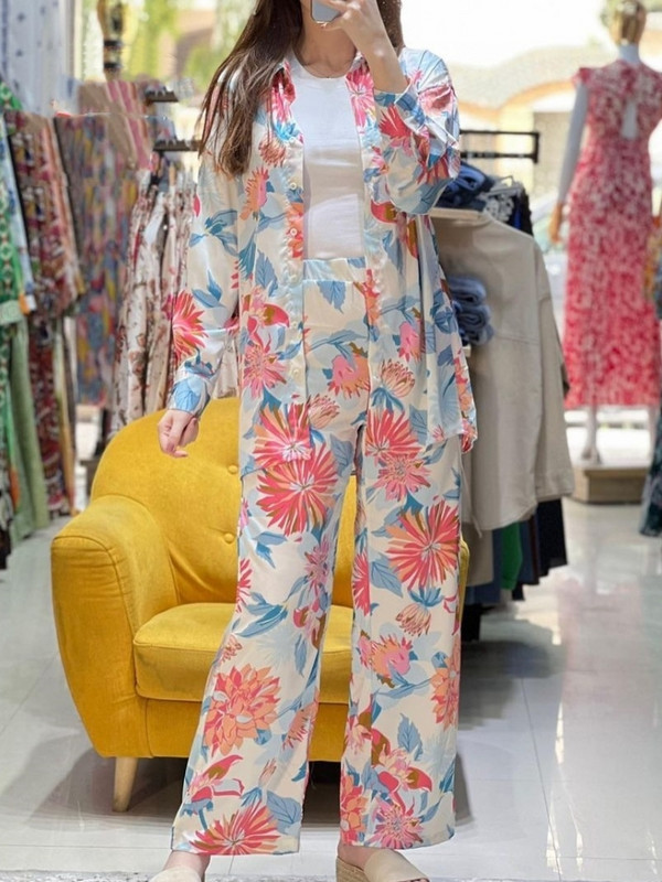 Naiste mustriga avarate pükste komplekt vabaaja üherealine alla keeratav krae pikkade varrukatega T-särgid Empire pitsilised laiad püksid