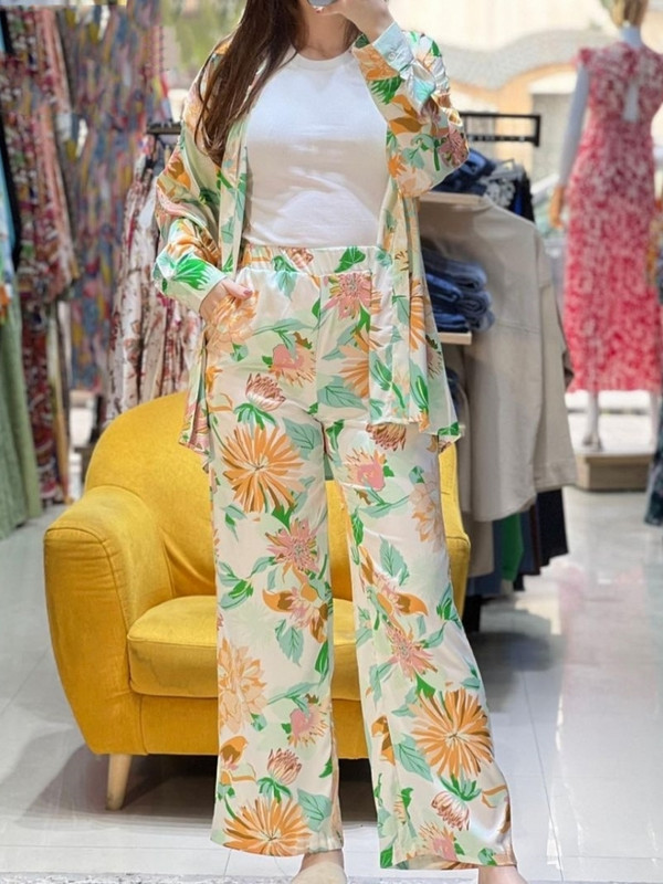 Naiste mustriga avarate pükste komplekt vabaaja üherealine alla keeratav krae pikkade varrukatega T-särgid Empire pitsilised laiad püksid