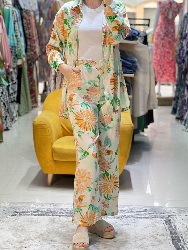 Naiste mustriga avarate pükste komplekt vabaaja üherealine alla keeratav krae pikkade varrukatega T-särgid Empire pitsilised laiad püksid