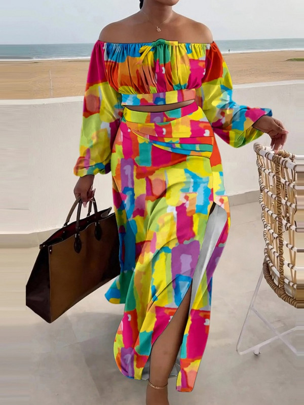 2-osaline komplekt Seksikas mood rannanaised 2023. aasta sügissuvi naiste pikkade varrukatega topid ja maxi seelikud, ülikonnad, sobivad komplektid