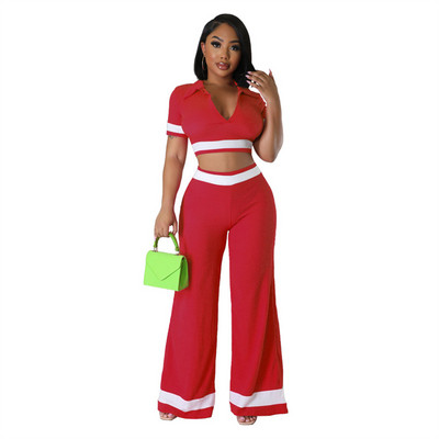 Γυναικείο σετ 2 τεμαχίων 2023 Νέα άφιξη Καλοκαίρι φθινόπωρο ασορτί σετ ρίγες εκτύπωσης δύο τεμαχίων Σετ τοπ και παντελόνια Κοστούμια ρούχα Ρούχα