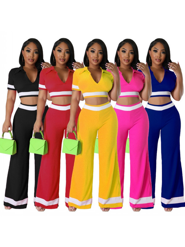 Γυναικείο σετ 2 τεμαχίων 2023 Νέα άφιξη Καλοκαίρι φθινόπωρο ασορτί σετ ρίγες εκτύπωσης δύο τεμαχίων Σετ τοπ και παντελόνια Κοστούμια ρούχα Ρούχα