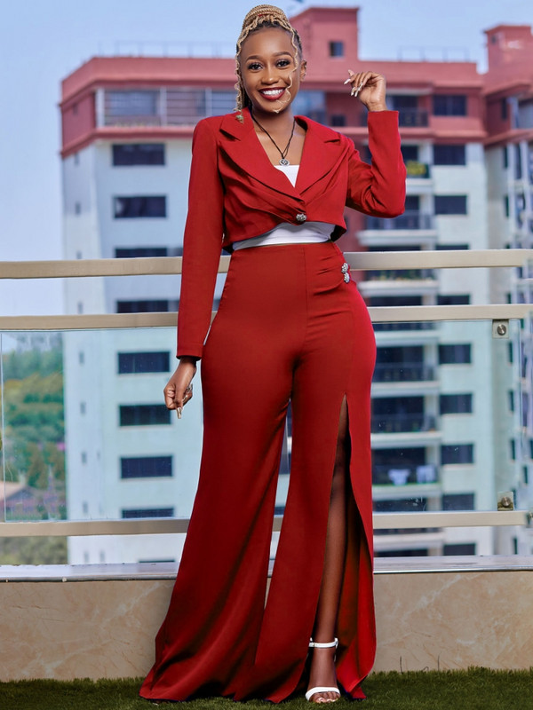 2-osalised naiste komplektid, 2023. aasta kevadsuvi, sinised punased bleiserid, ülikonnatopid ja kõrge lõhega püksid, kaheosalised spordidressi komplektid