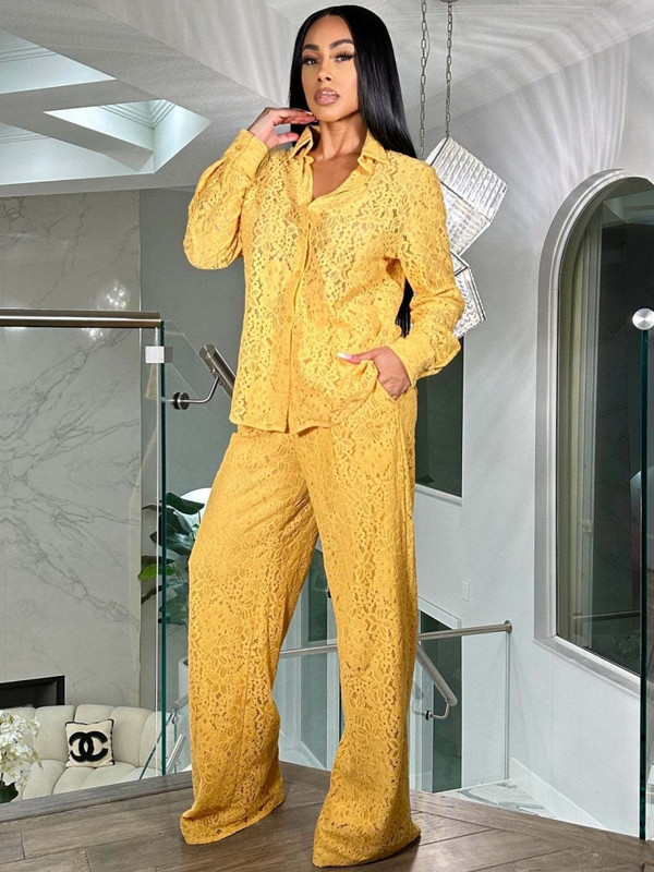 2-dijelni set čipkastih kompleta hlača Ljeto Jesen Ženski komplet Čipkani cvijet s dugim rukavima Odijelo Dvodijelna trenerka