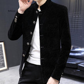 Jachetă de costum cu tunică din catifea pentru bărbați, cu guler în formă de mandarină, sacouri casual cu dungi 2021, haină nouă, slim, pentru bărbați.