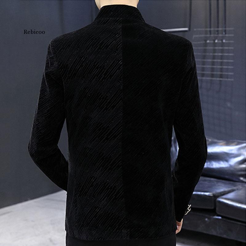 Jachetă de costum cu tunică din catifea pentru bărbați, cu guler în formă de mandarină, sacouri casual cu dungi 2021, haină nouă, slim, pentru bărbați.