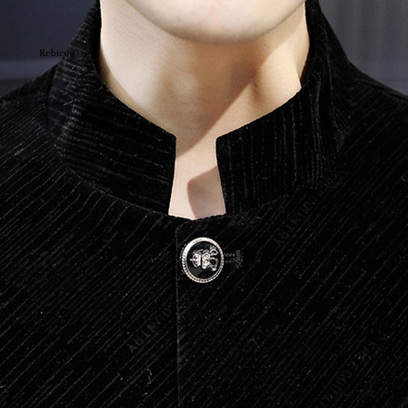 Jachetă de costum cu tunică din catifea pentru bărbați, cu guler în formă de mandarină, sacouri casual cu dungi 2021, haină nouă, slim, pentru bărbați.