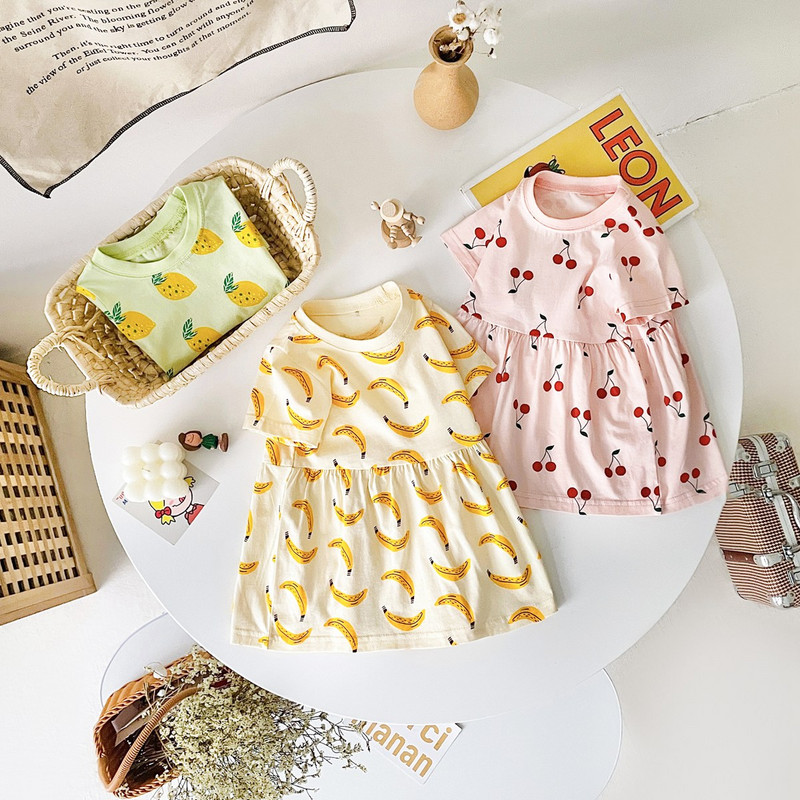 Sanlutozi lühikeste varrukatega suvine beebikleit armsa mustriga vabaaja laste kleit, tüdrukute riietus, puuvillane kleit