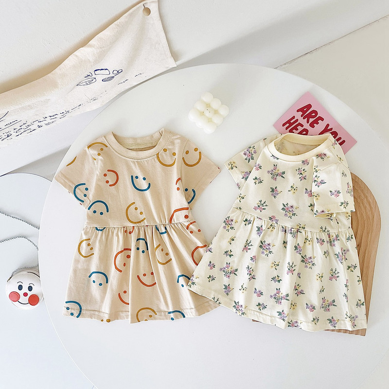 Sanlutozi lühikeste varrukatega suvine beebikleit armsa mustriga vabaaja laste kleit, tüdrukute riietus, puuvillane kleit