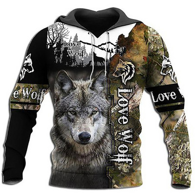 Μόδα Oversized Άνοιξη Φθινοπωρινό Wolf Animal τρισδιάστατο φούτερ με κουκούλα ανδρών Full Print Unisex Casual μπουφάν φούτερ Street Style