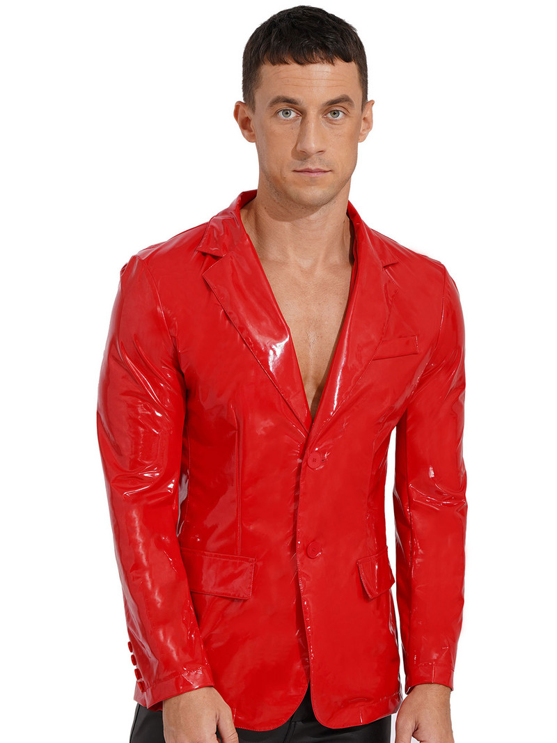 Muški motociklistički kostimi Wet Look Lakirana kožna jakna na rever Ležerna jakna s dugim rukavima na revere Muško odijelo Blazer Clubwear