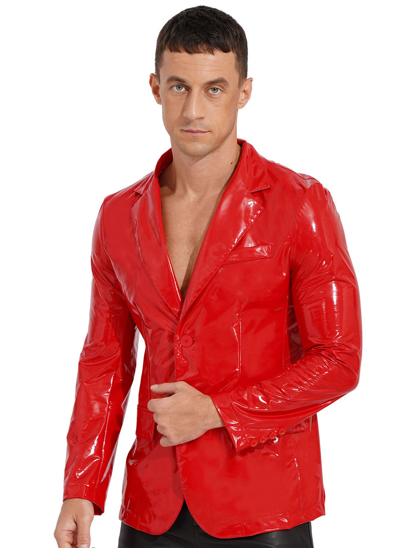 Muški motociklistički kostimi Wet Look Lakirana kožna jakna na rever Ležerna jakna s dugim rukavima na revere Muško odijelo Blazer Clubwear