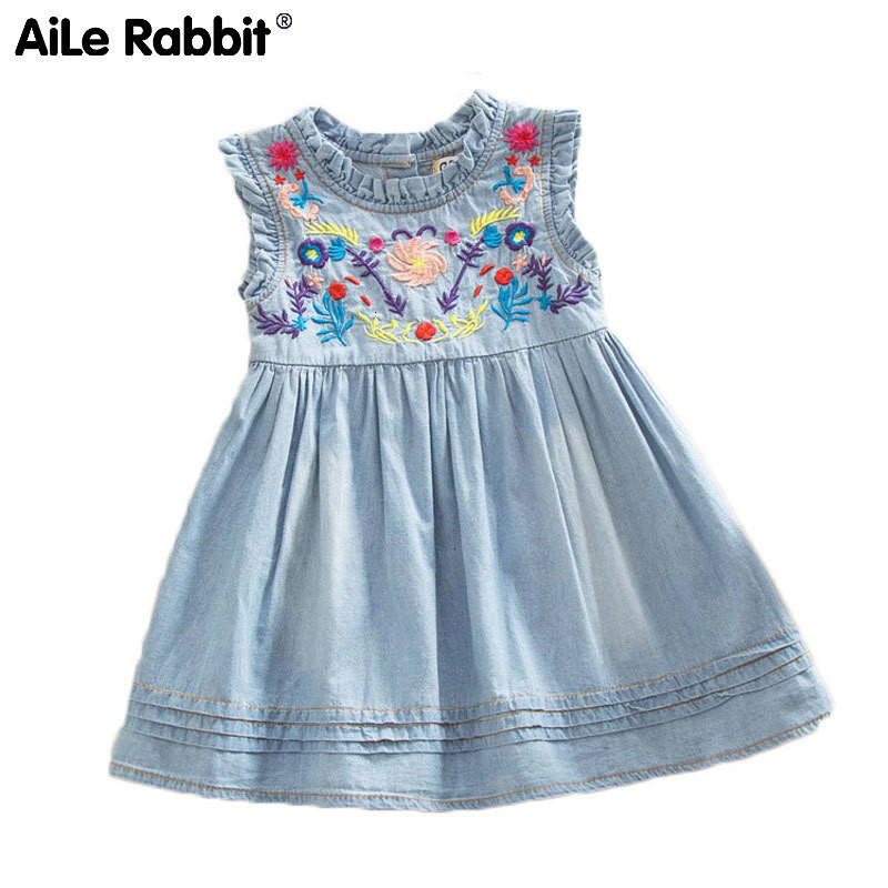 AiLe Rabbit Girls Denim Dress Princess Haljina s izvezenim rukavima Ležerna udobna dječja odjeća visoke kvalitete K1