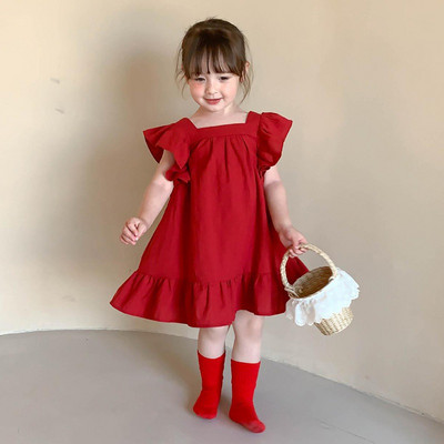 Suvised väikelapsed tüdrukud kroonlehtedega varrukatega avar kleit vabaaja volangidega kleidid, massiivne seljaosa Bowknot A Line kleidid lasteriietus 2-7 a