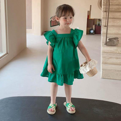 Suvised väikelapsed tüdrukud kroonlehtedega varrukatega avar kleit vabaaja volangidega kleidid, massiivne seljaosa Bowknot A Line kleidid lasteriietus 2-7 a