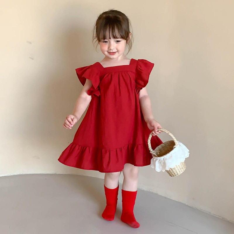 Suvised väikelapsed tüdrukud kroonlehtedega varrukatega avar kleit vabaaja volangidega kleidid, massiivne seljaosa Bowknot A Line kleidid lasteriietus 2-7 a