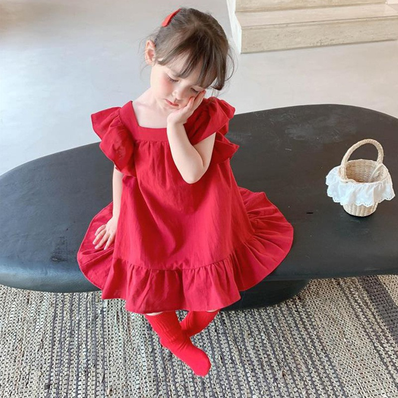 Suvised väikelapsed tüdrukud kroonlehtedega varrukatega avar kleit vabaaja volangidega kleidid, massiivne seljaosa Bowknot A Line kleidid lasteriietus 2-7 a