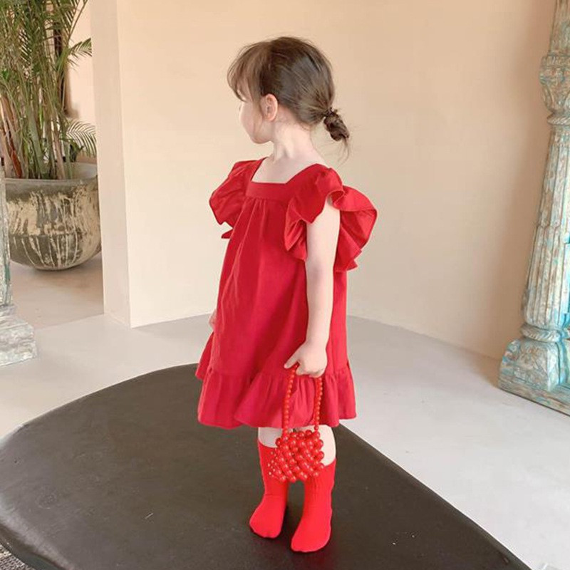 Suvised väikelapsed tüdrukud kroonlehtedega varrukatega avar kleit vabaaja volangidega kleidid, massiivne seljaosa Bowknot A Line kleidid lasteriietus 2-7 a