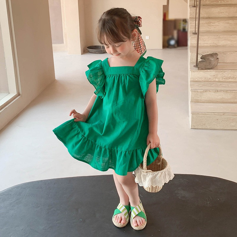 Suvised väikelapsed tüdrukud kroonlehtedega varrukatega avar kleit vabaaja volangidega kleidid, massiivne seljaosa Bowknot A Line kleidid lasteriietus 2-7 a