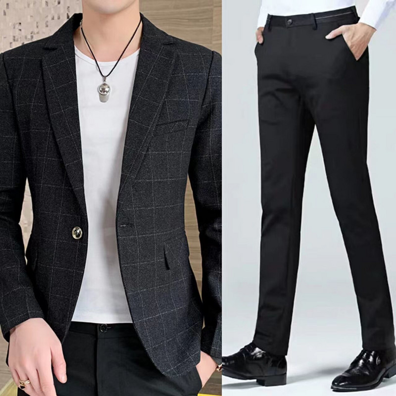 Novo stilsko odijelo 2023., muško proljetno i jesensko odijelo u karo južnokorejskog uskog kroja, malo odijelo za mlade, jednostruki zapadnjački muški ležerni kaput E798