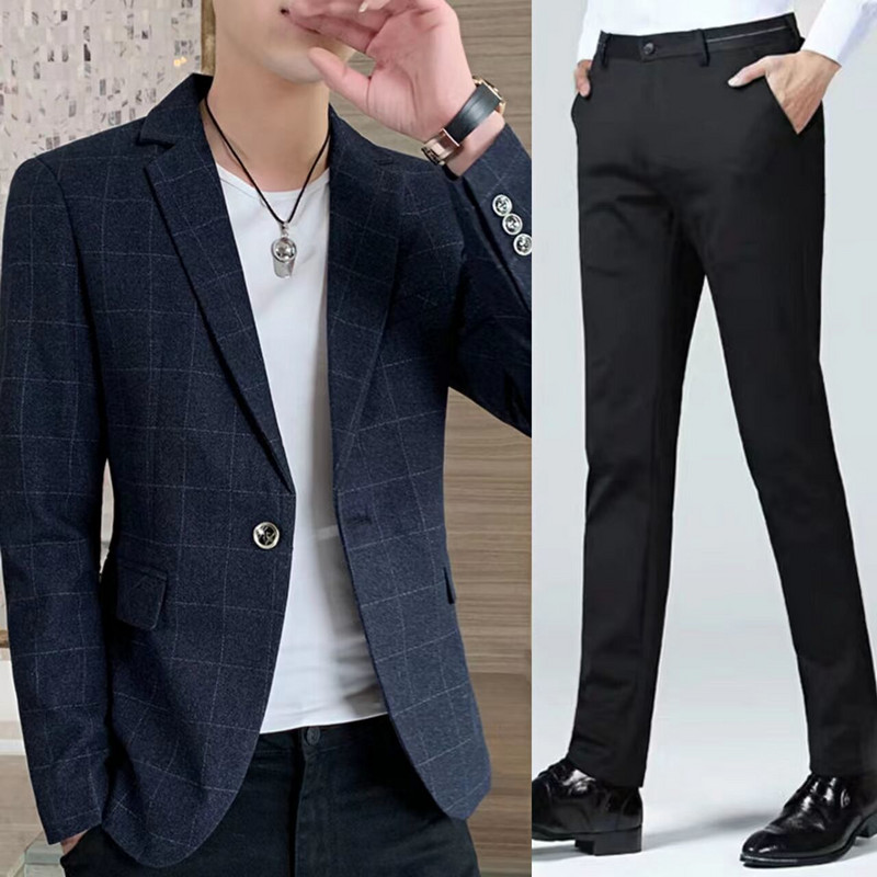 Novo stilsko odijelo 2023., muško proljetno i jesensko odijelo u karo južnokorejskog uskog kroja, malo odijelo za mlade, jednostruki zapadnjački muški ležerni kaput E798