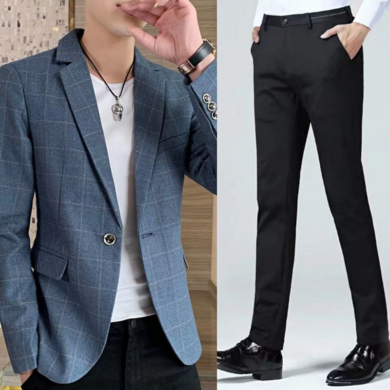 Novo stilsko odijelo 2023., muško proljetno i jesensko odijelo u karo južnokorejskog uskog kroja, malo odijelo za mlade, jednostruki zapadnjački muški ležerni kaput E798