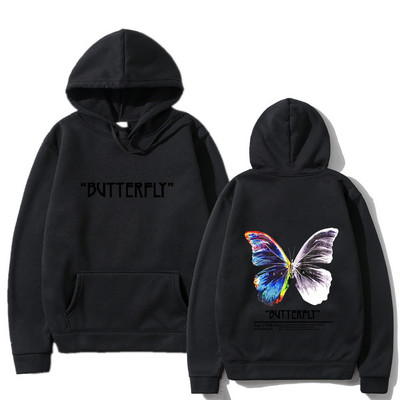 2023. aasta meeste hip-hop dressipluus, värviline liblikas tänavarõivad, Harajuku pullover, puuvillane fliis, sügis, must kapuuts