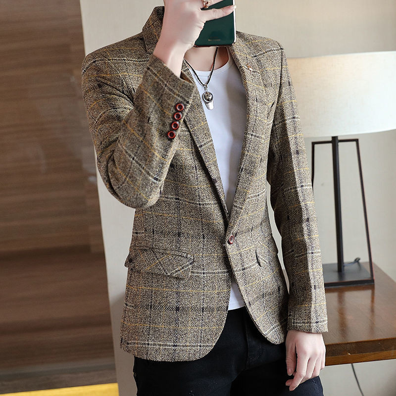 Muška jesenska poslovna uska jakna Muška velika modna ležerna karirana haljina Personality Blazers Kaput 5XL E205