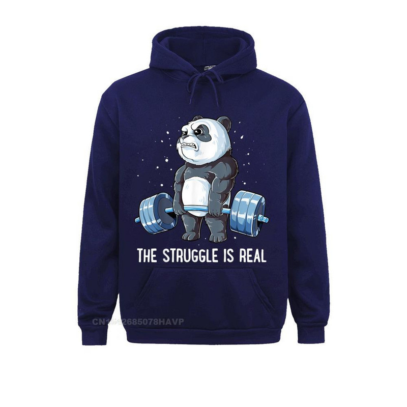 Panda The Struggle Is Real Tõstmine Fitness Jõusaal Naljakas kapuuts Camisa Meeste Kapuutsid Kapuutsid Uus mood pikkade varrukatega dressipluusid