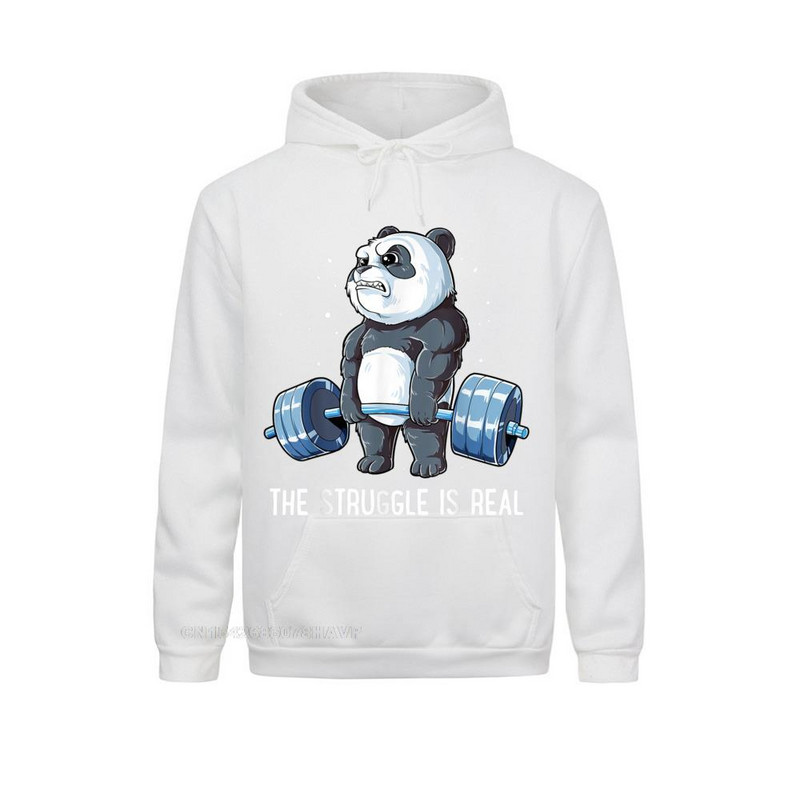 Panda The Struggle Is Real Tõstmine Fitness Jõusaal Naljakas kapuuts Camisa Meeste Kapuutsid Kapuutsid Uus mood pikkade varrukatega dressipluusid
