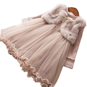 Рокля от тюл за момичета Корейски стил с дълъг ръкав Фалшива рокля на принцеса от две части Детска дантелена рокля за рожден ден Сватбено парти Ежедневни vestidos