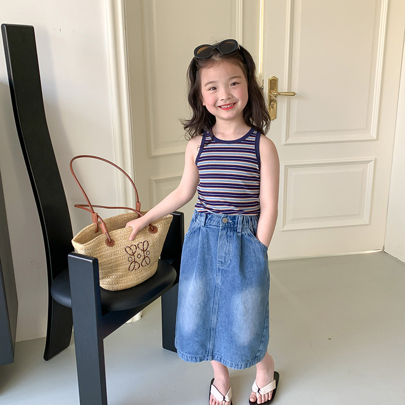 Tüdrukud Suvine moodne teksaseelik 2-8 aastasele tüdrukule Poolitatud pestud puuvillased teksaseelikud