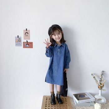 Φόρεμα για κορίτσια Νέο ανοιξιάτικο φθινοπωρινό μακρυμάνικο μονόχρωμο τζιν Casual χαλαρή τσέπη Παιδικά ρούχα Παιδικά ρούχα Κορεάτικου στυλ 2-6 ετών