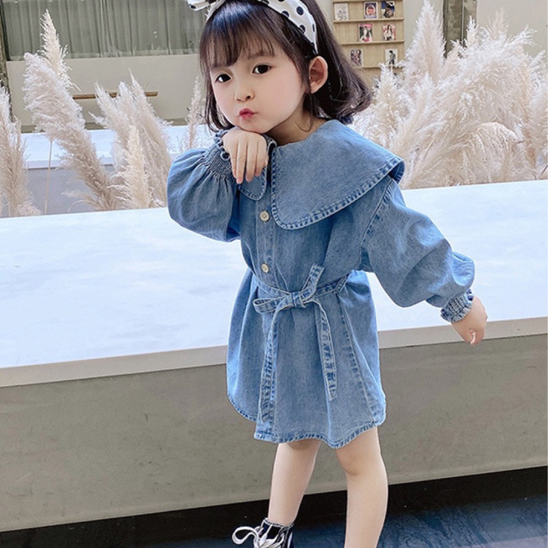 Traper haljina za djevojčice u korejskom stilu, princeza, modni kostimi za zabave, dugih rukava, traper haljina na preklop za djevojčice Vestidos