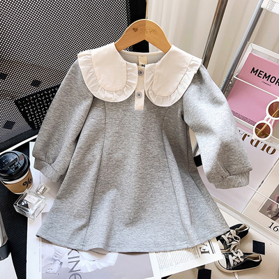 2023 Uus kevad/sügis Tüdrukute dressipluus Kleit Pikk Ühevärviline Varrukas Vabaaja reväär Collae Kleidid Tüdrukute Riided 2-7A